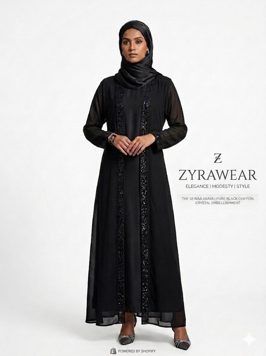 Premium Black Chiffon Abaya with Crystal Work