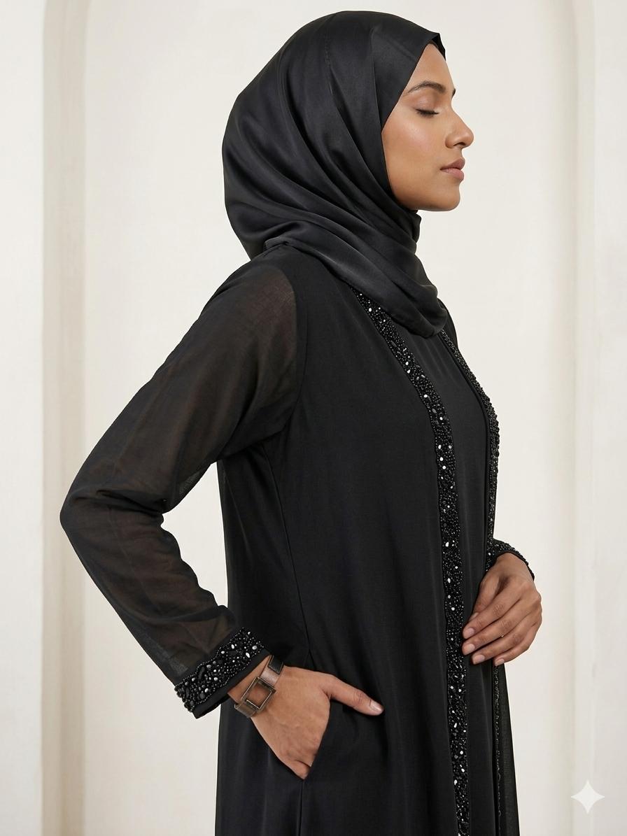 Premium Black Chiffon Abaya with Crystal Work