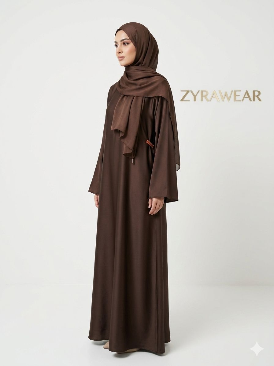 Noir Satin Abaya in Chocolate Brown | Premium Modest Wear Pakistan