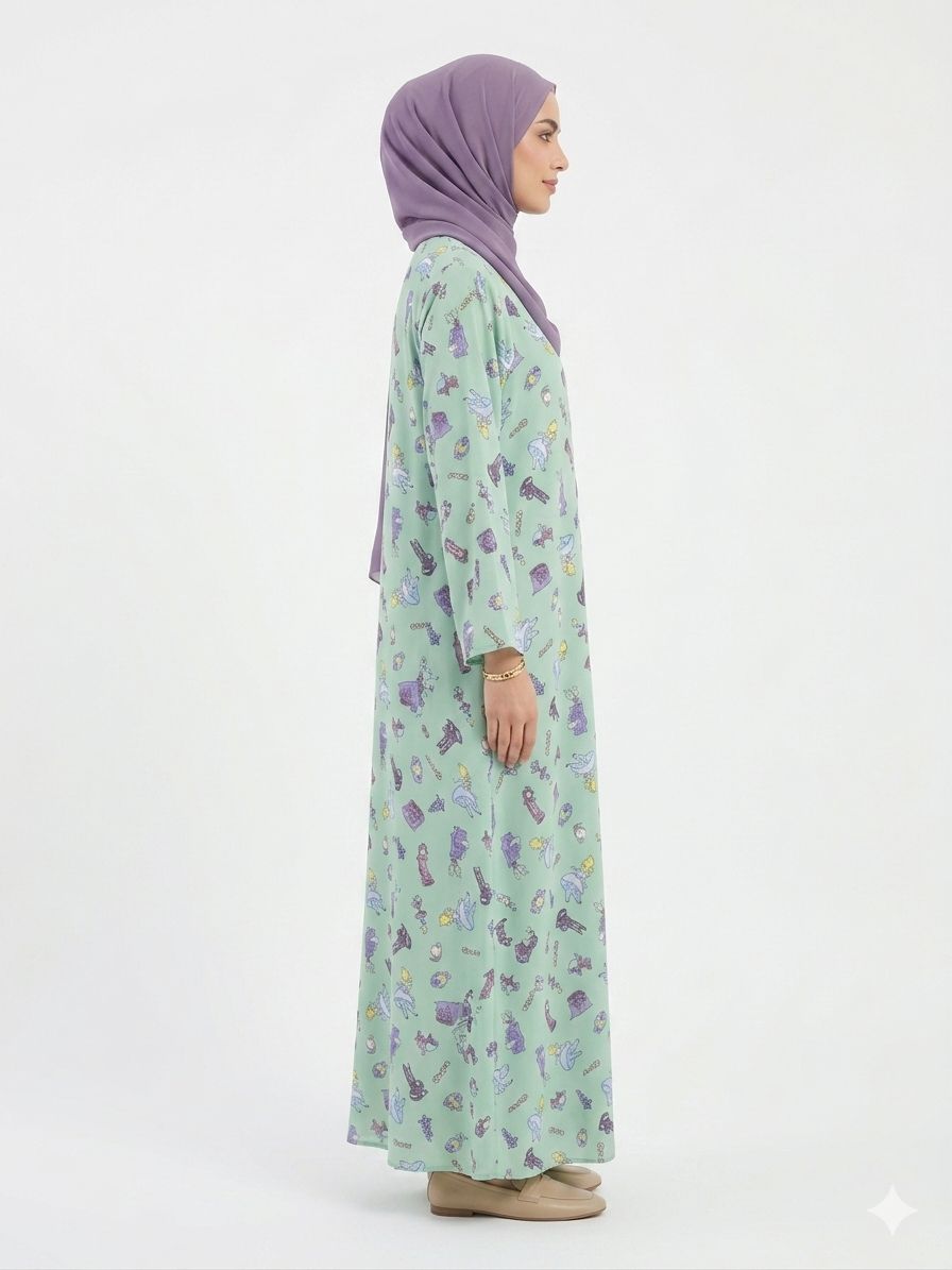 Elegant Mint Printed Modest Abaya for Women