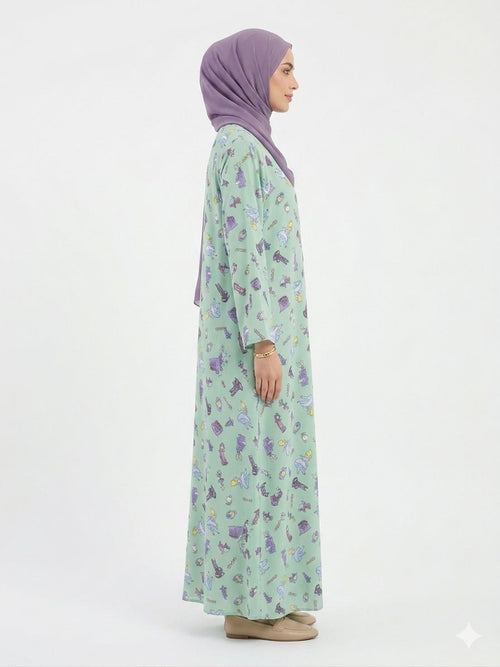 Elegant Mint Printed Modest Abaya for Women