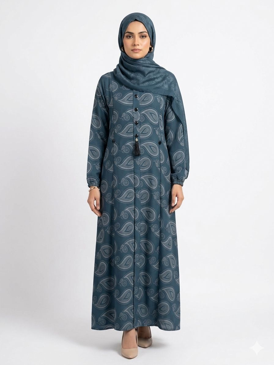 Premium Blue Printed Maxi Abaya for Women