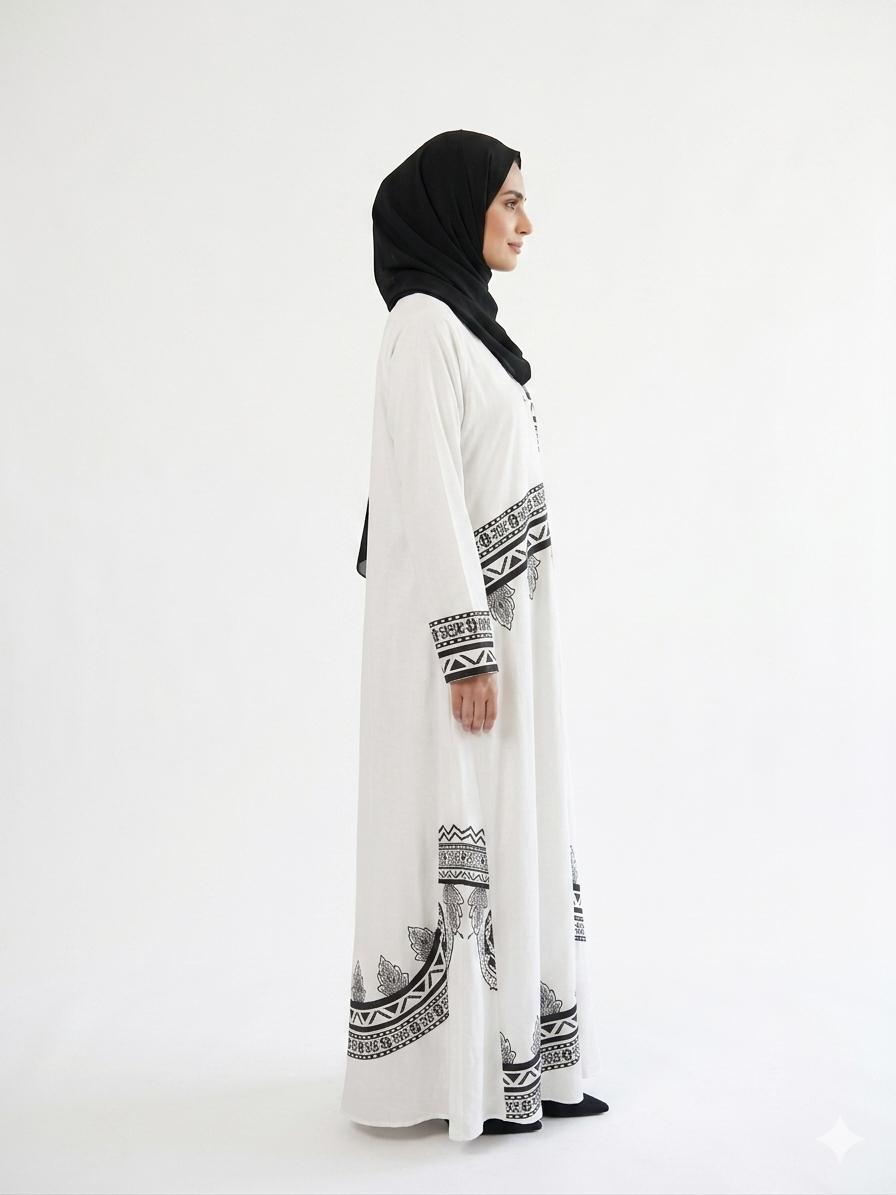 White Printed Abaya for Women – Elegant Modest Wear | Zyra Wears