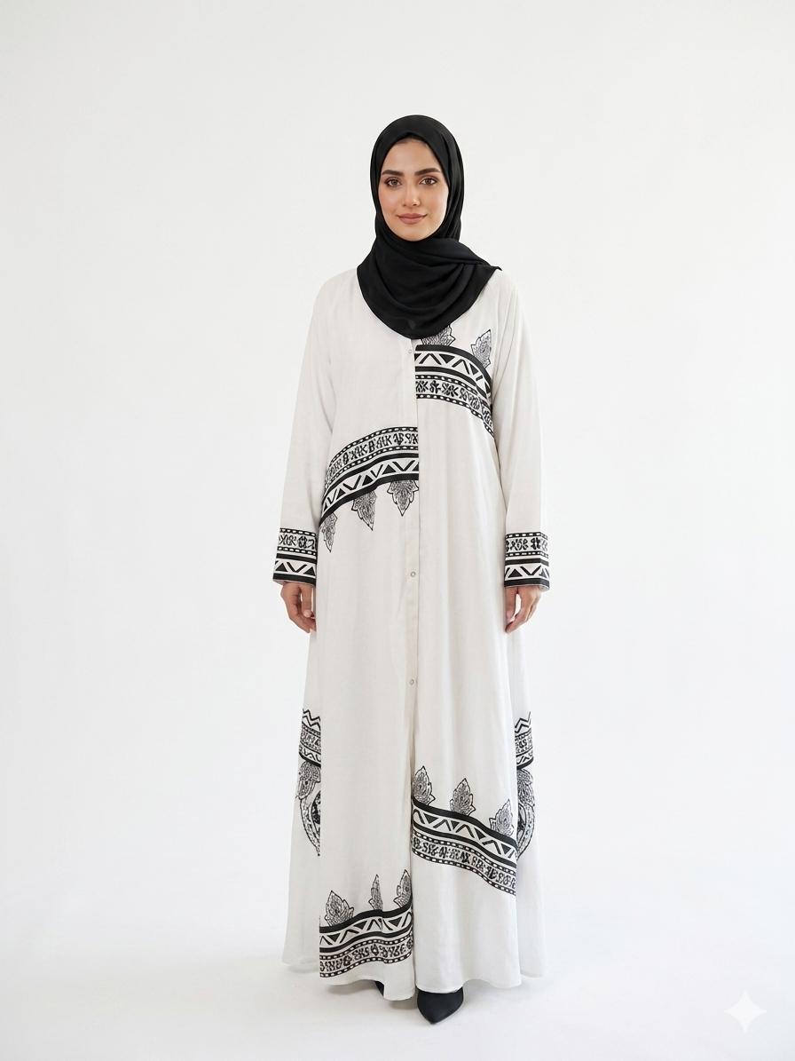 White Printed Abaya for Women – Elegant Modest Wear | Zyra Wears