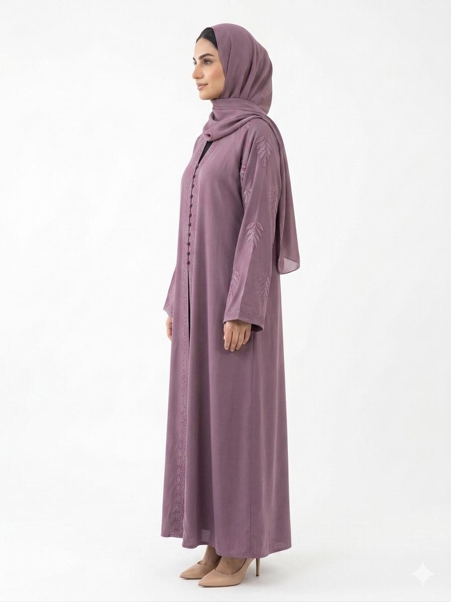 Dusty Mauve Embroidered Abaya for Women – Premium Modest Wear | Zyra Wears