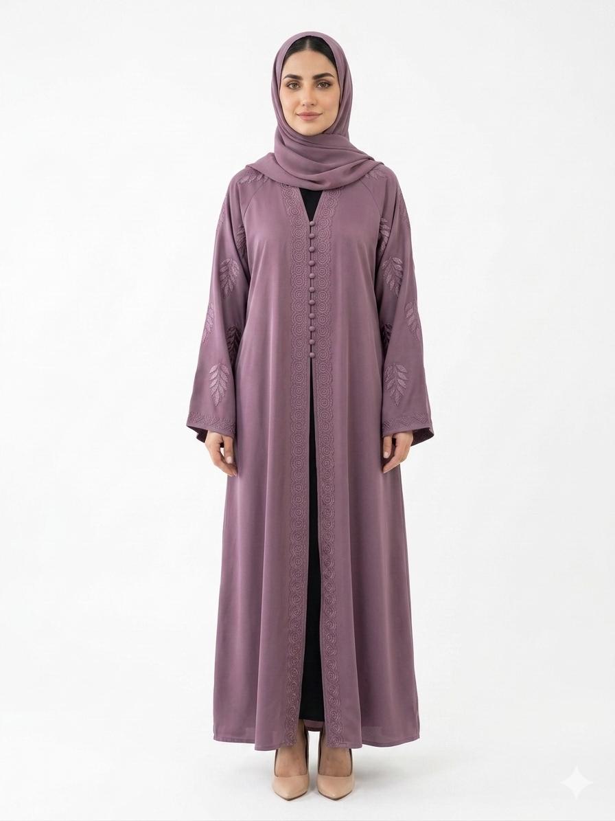 Dusty Mauve Embroidered Abaya for Women – Premium Modest Wear | Zyra Wears