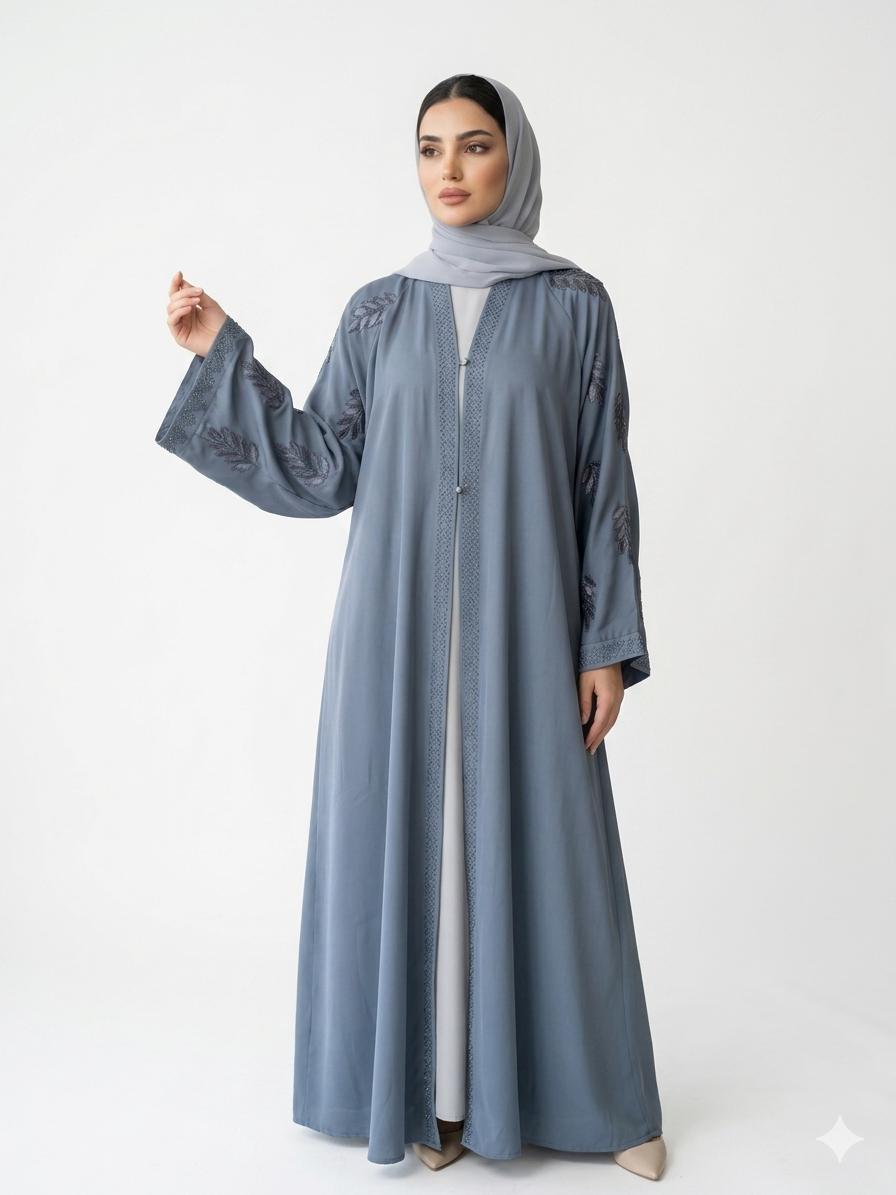 Premium Blue Embroidered Open Abaya for Women | Elegant Modest Wear