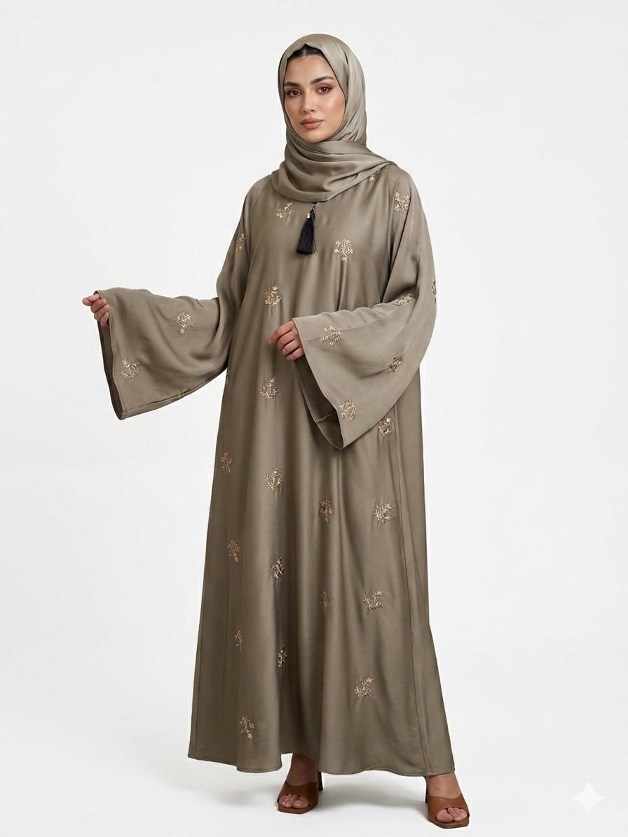 Taupe Embroidered Abaya for Women – Luxury Modest Fashion | Zyra Wears