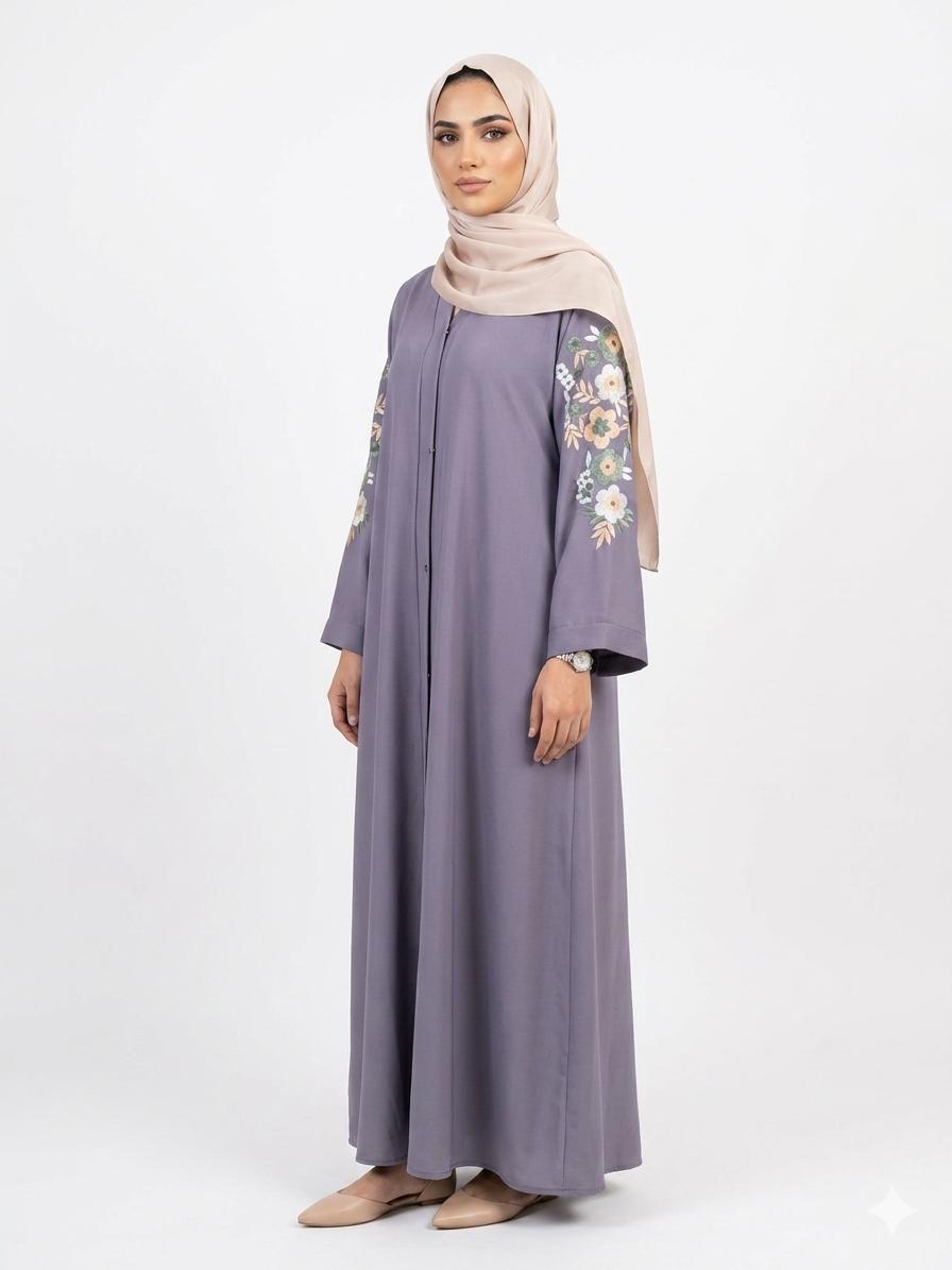 Lavender Floral Sleeve Abaya – Elegant Women's Modest Wear | Zyra Wears