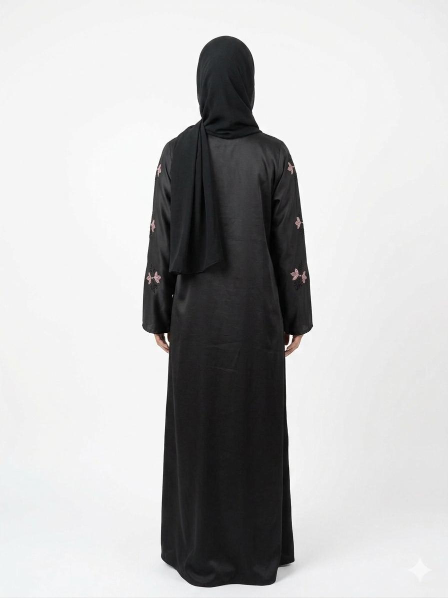 Black Floral Embroidered Open Abaya for Women | Premium Modest Fashion