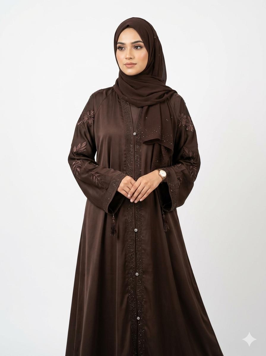 Luxury Chocolate Brown Embroidered Abaya for Women | Elegant Modest Islamic Wear