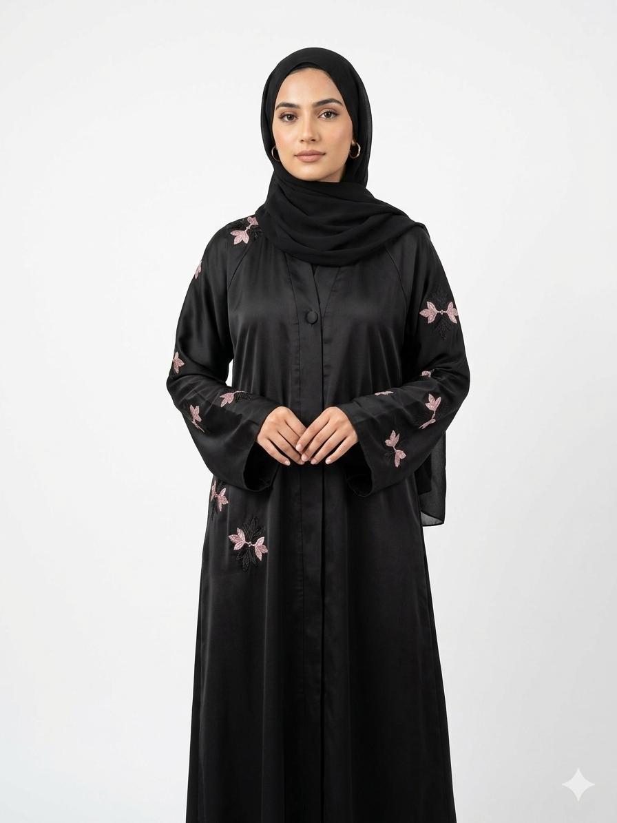 Black Floral Embroidered Open Abaya for Women | Premium Modest Fashion