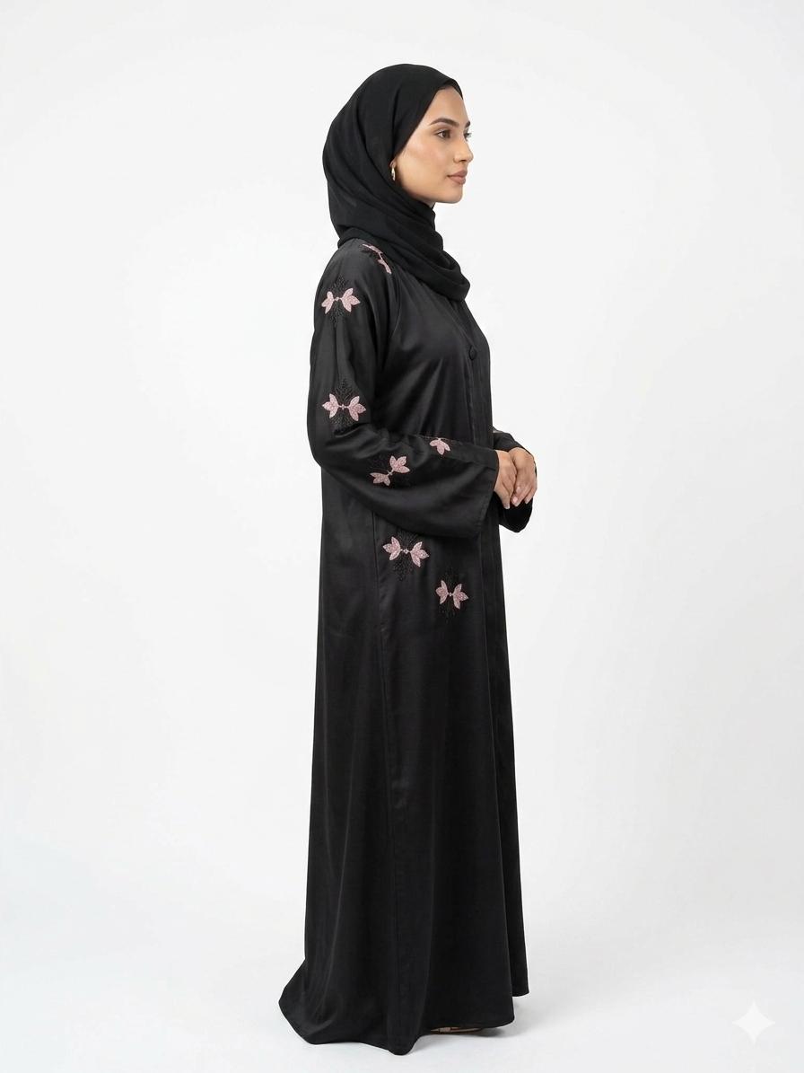 Black Floral Embroidered Open Abaya for Women | Premium Modest Fashion