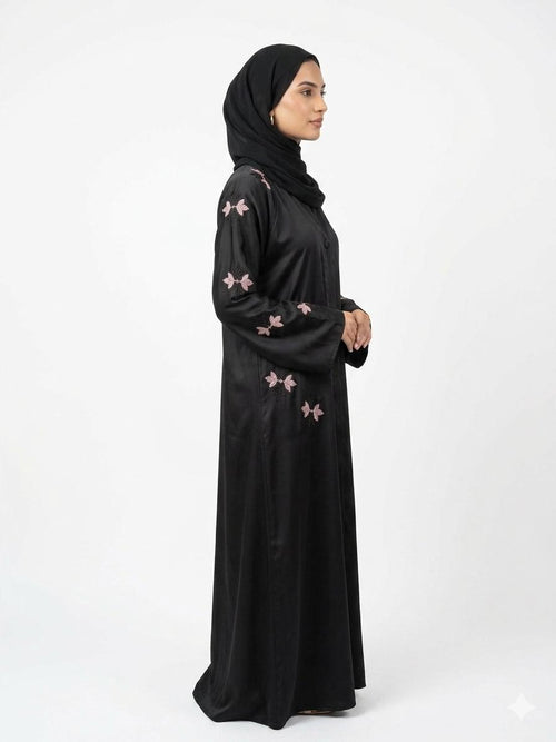 Black Floral Embroidered Open Abaya for Women | Premium Modest Fashion