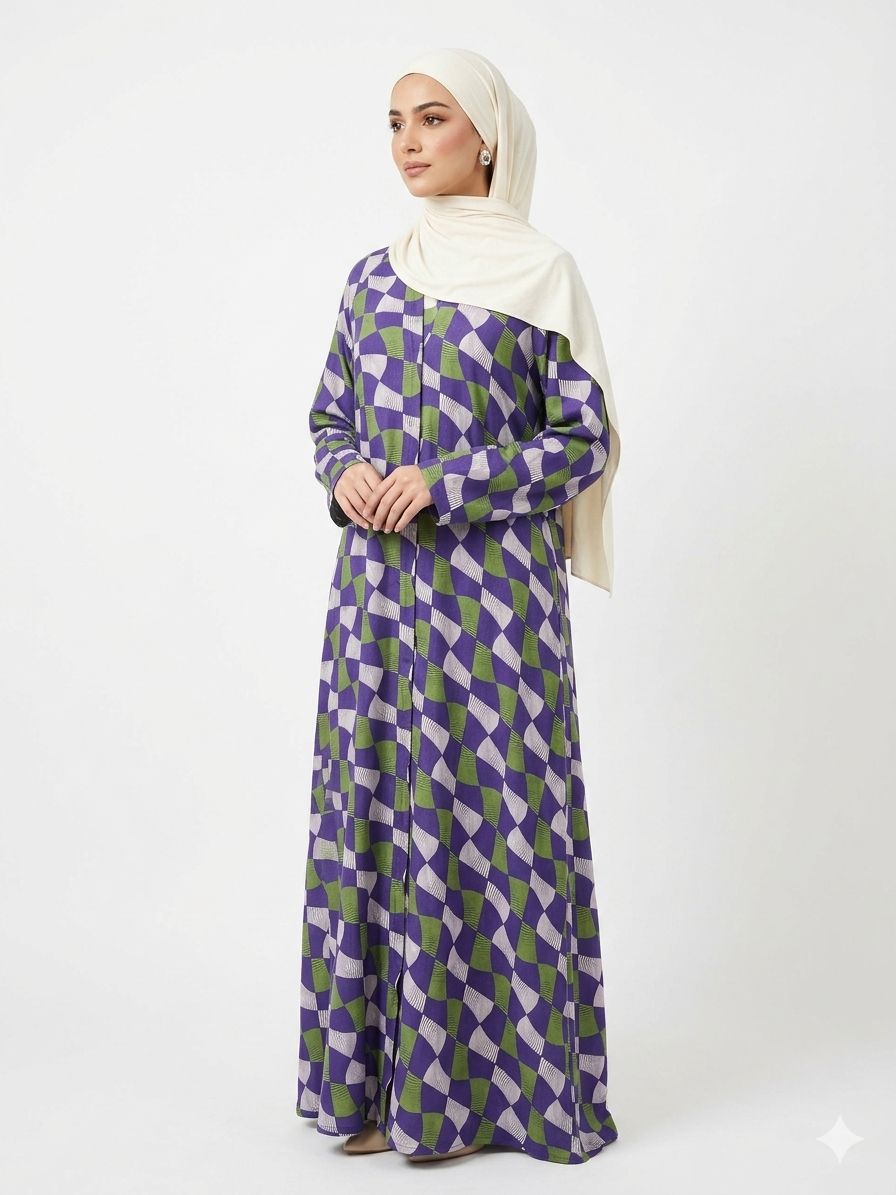 Purple & Green Geometric Printed Abaya – Elegant Modest Wear | Zyra Wears