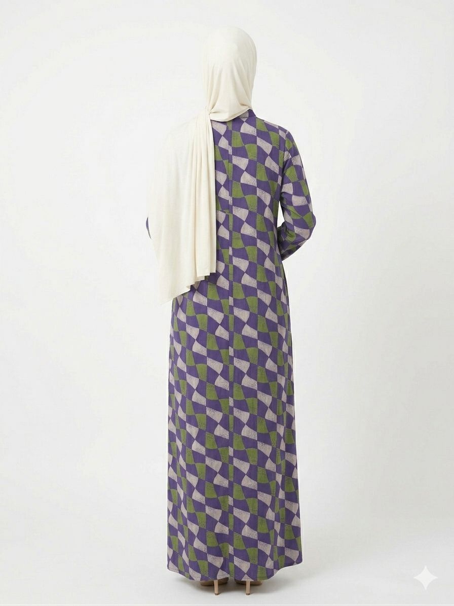 Purple & Green Geometric Printed Abaya – Elegant Modest Wear | Zyra Wears