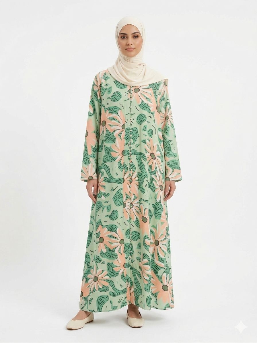 Mint Green Floral Printed Abaya – Elegant Women's Modest Wear | Zyra Wears