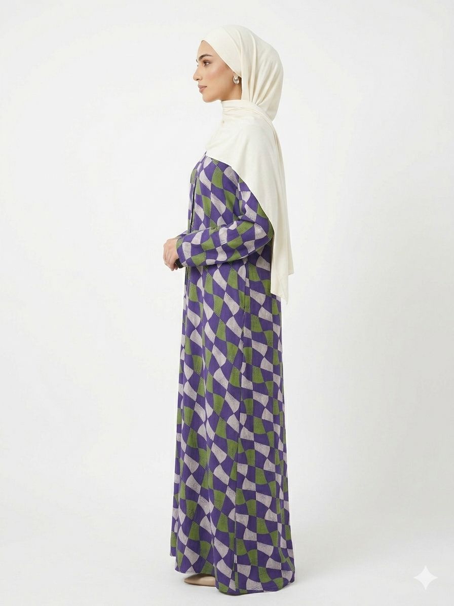 Purple & Green Geometric Printed Abaya – Elegant Modest Wear | Zyra Wears
