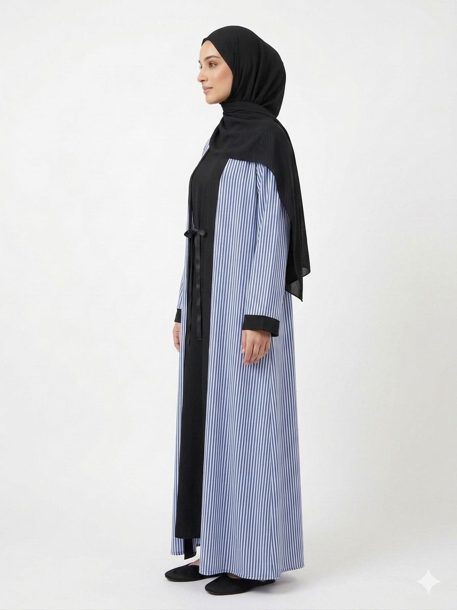 Black & Blue Striped Open Abaya with Inner Dress | Premium Modest Fashion