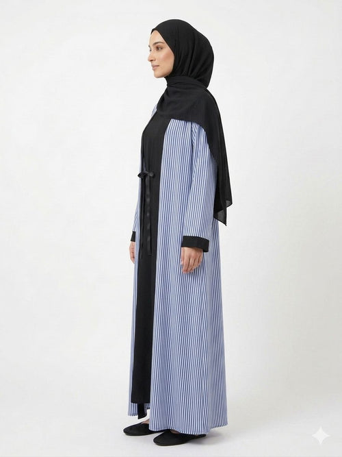 Black & Blue Striped Open Abaya with Inner Dress | Premium Modest Fashion