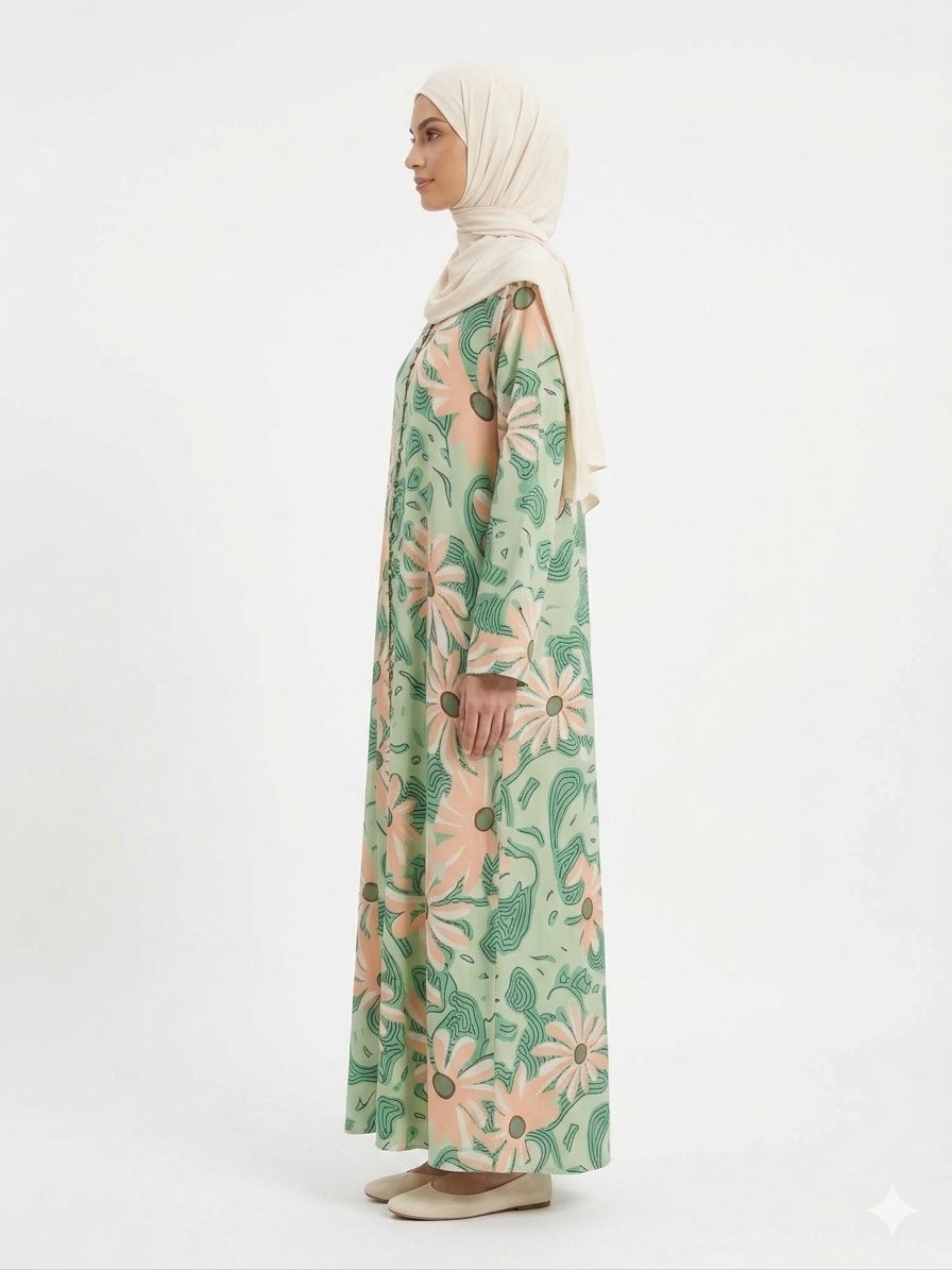 Mint Green Floral Printed Abaya – Elegant Women's Modest Wear | Zyra Wears