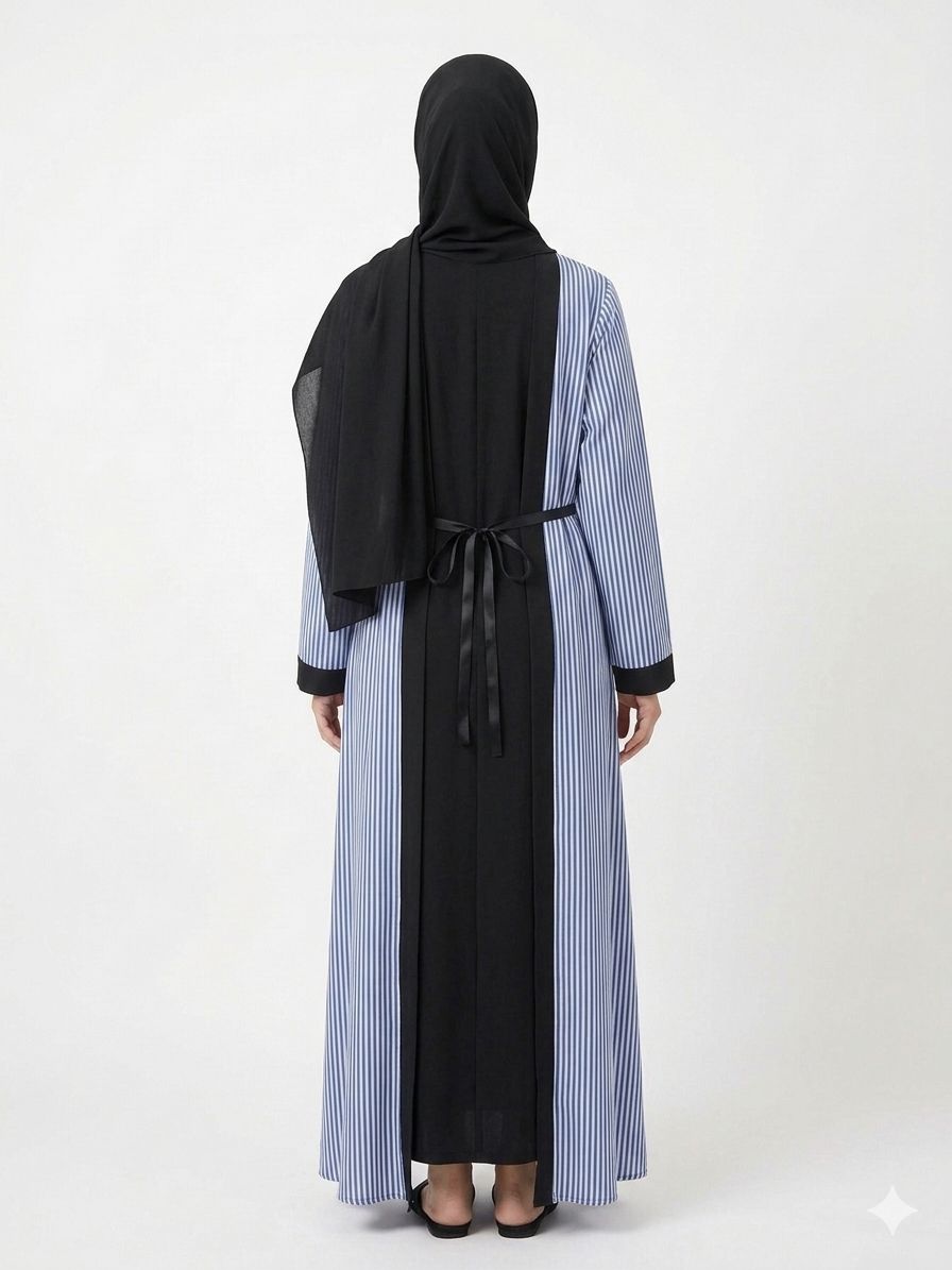 Black & Blue Striped Open Abaya with Inner Dress | Premium Modest Fashion