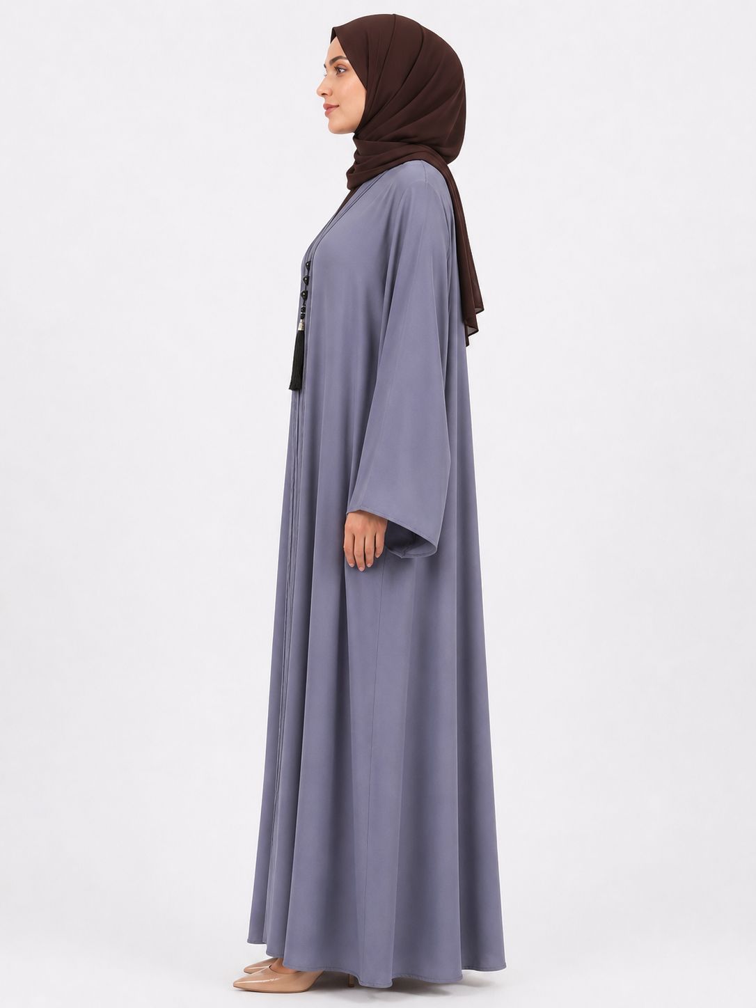 Premium Grey Closed Abaya with Tassel Detail – Elegant Modest Maxi Dress for Women