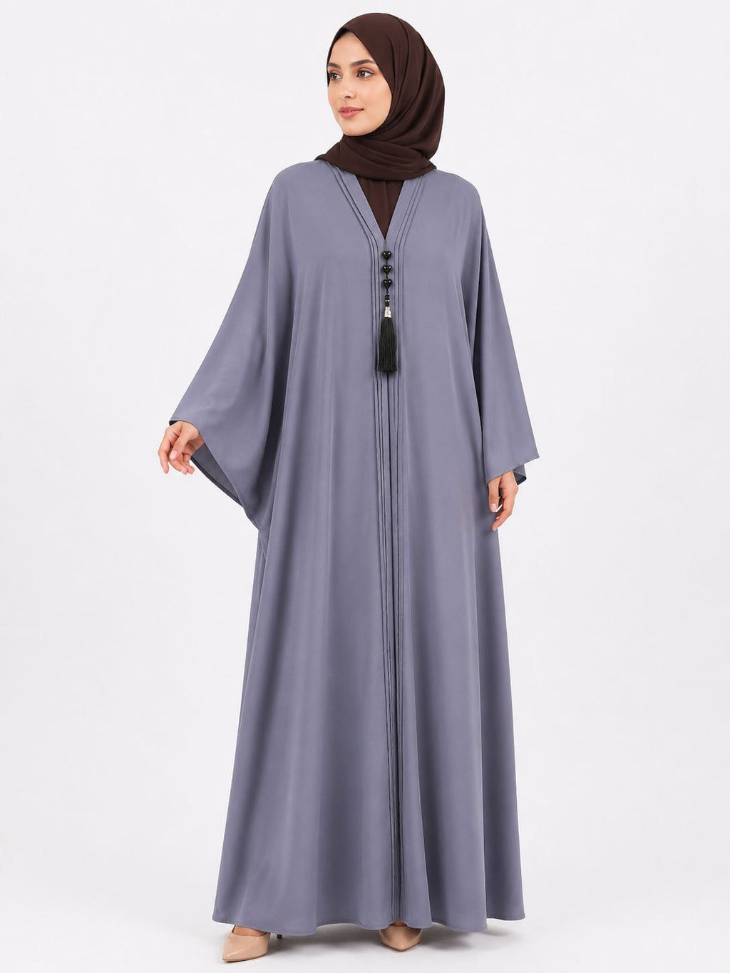 Premium Grey Closed Abaya with Tassel Detail – Elegant Modest Maxi Dress for Women