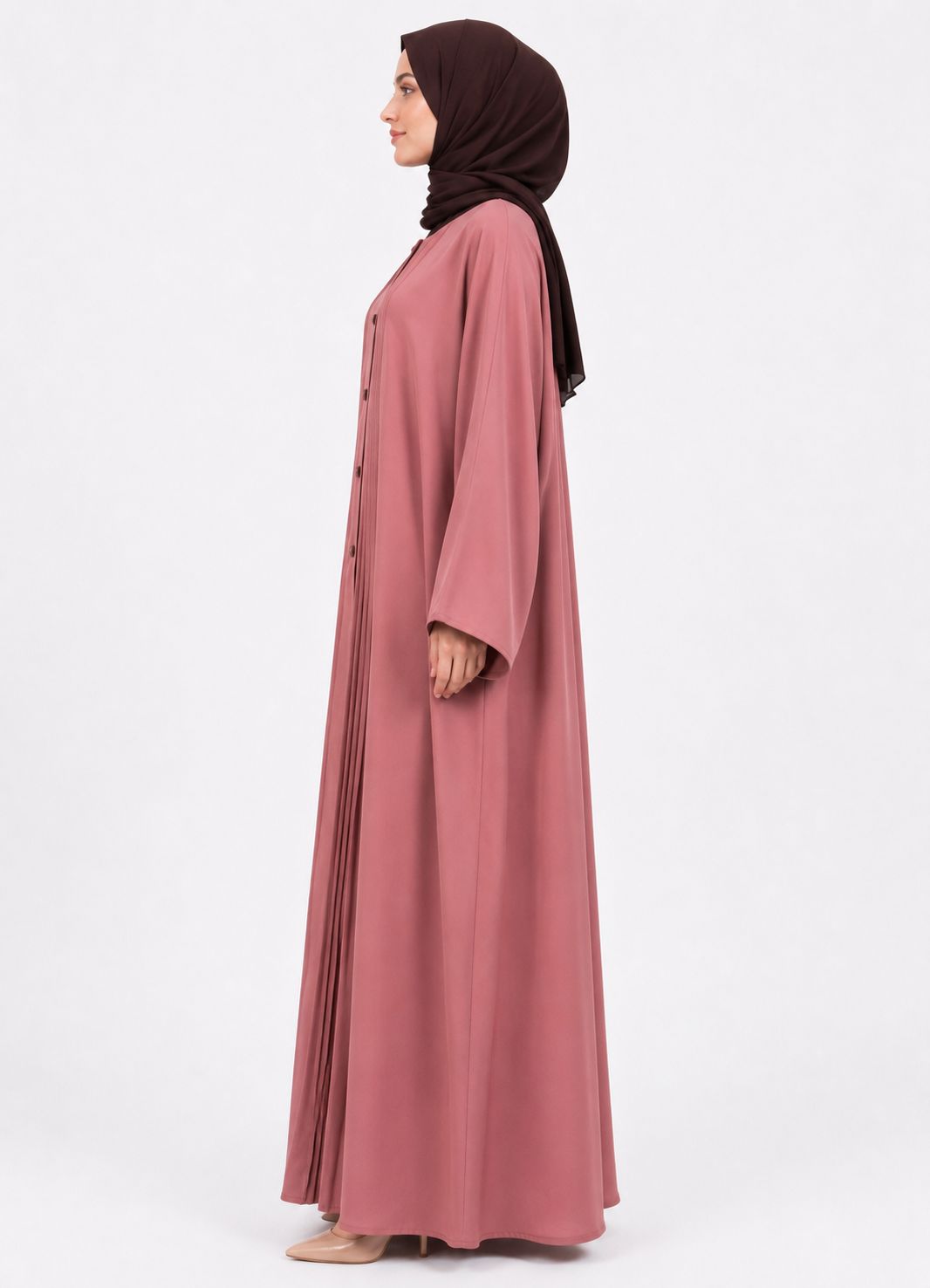 Premium Dusty Rose Pleated Closed Abaya – Elegant Modest Maxi Dress for Women