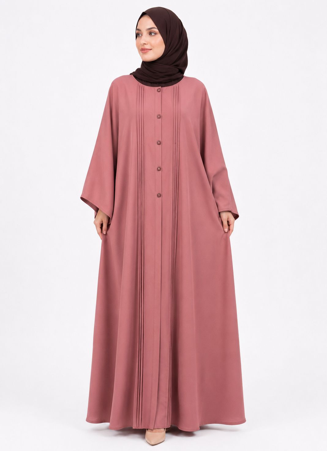 Premium Dusty Rose Pleated Closed Abaya – Elegant Modest Maxi Dress for Women