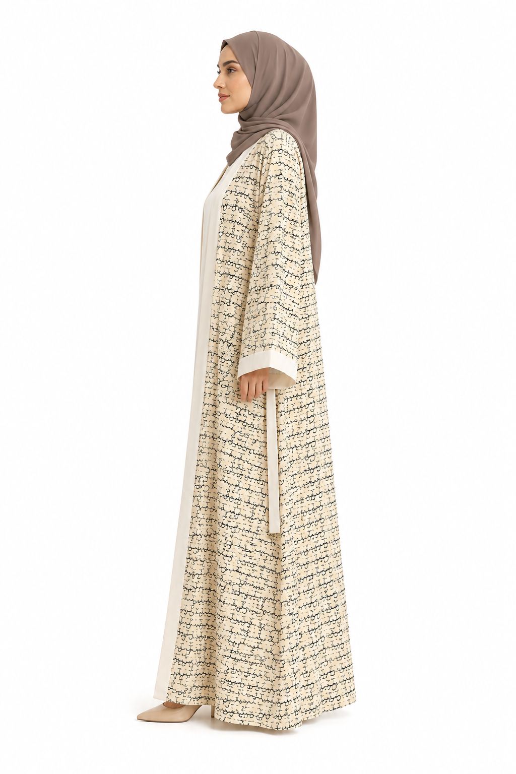 Premium Cream Printed Open Front Abaya with Matching Inner Dress & Free Matching Hijab – Elegant 3-Piece Modest Set for Women