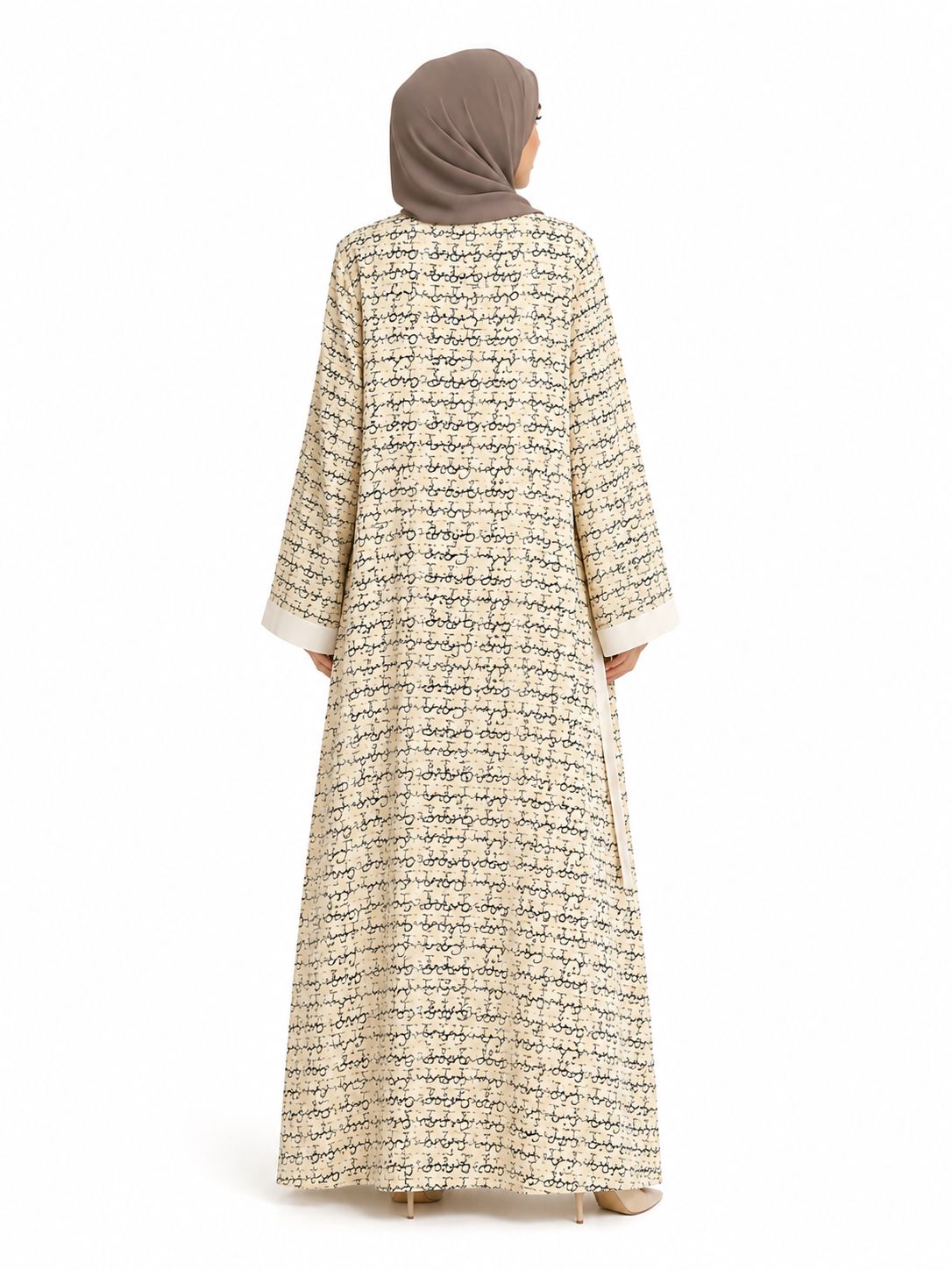 Premium Cream Printed Open Front Abaya with Matching Inner Dress & Free Matching Hijab – Elegant 3-Piece Modest Set for Women