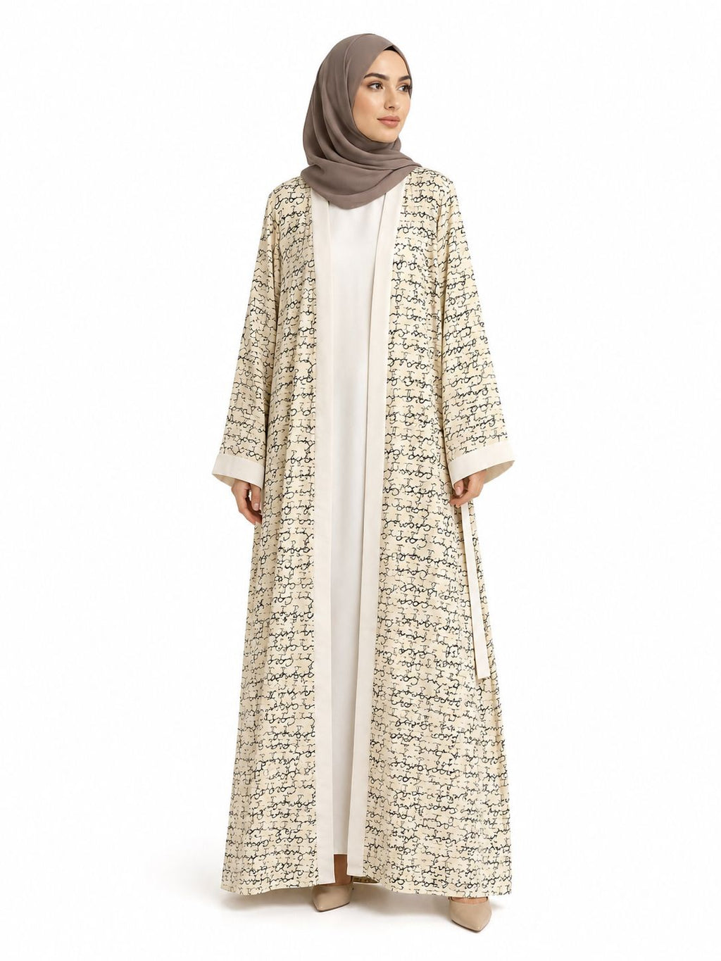 Premium Cream Printed Open Front Abaya with Matching Inner Dress & Free Matching Hijab – Elegant 3-Piece Modest Set for Women