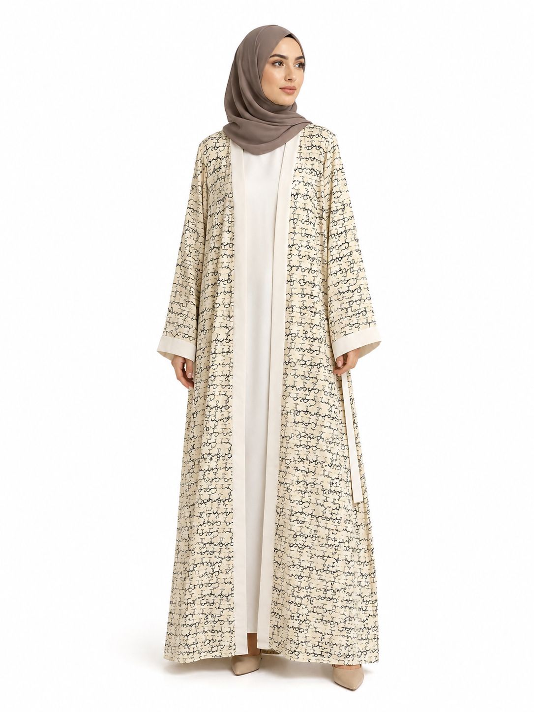 Premium Cream Printed Open Front Abaya with Matching Inner Dress & Free Matching Hijab – Elegant 3-Piece Modest Set for Women