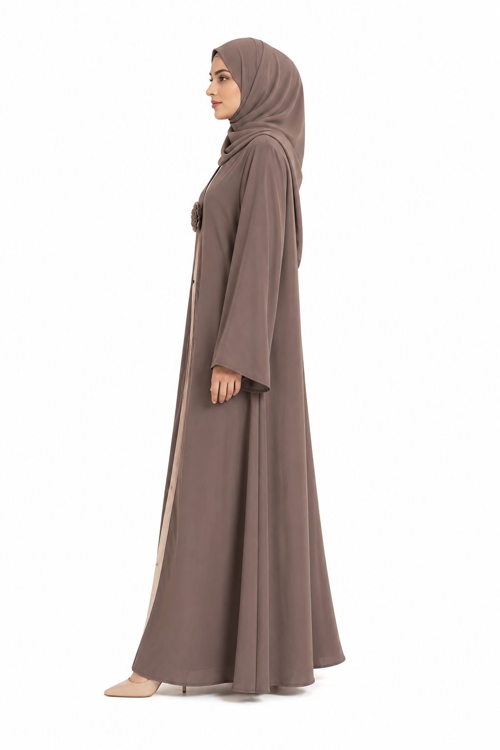 Premium Taupe Open Front Abaya with Floral Brooch – Elegant Modest Maxi Dress for Women