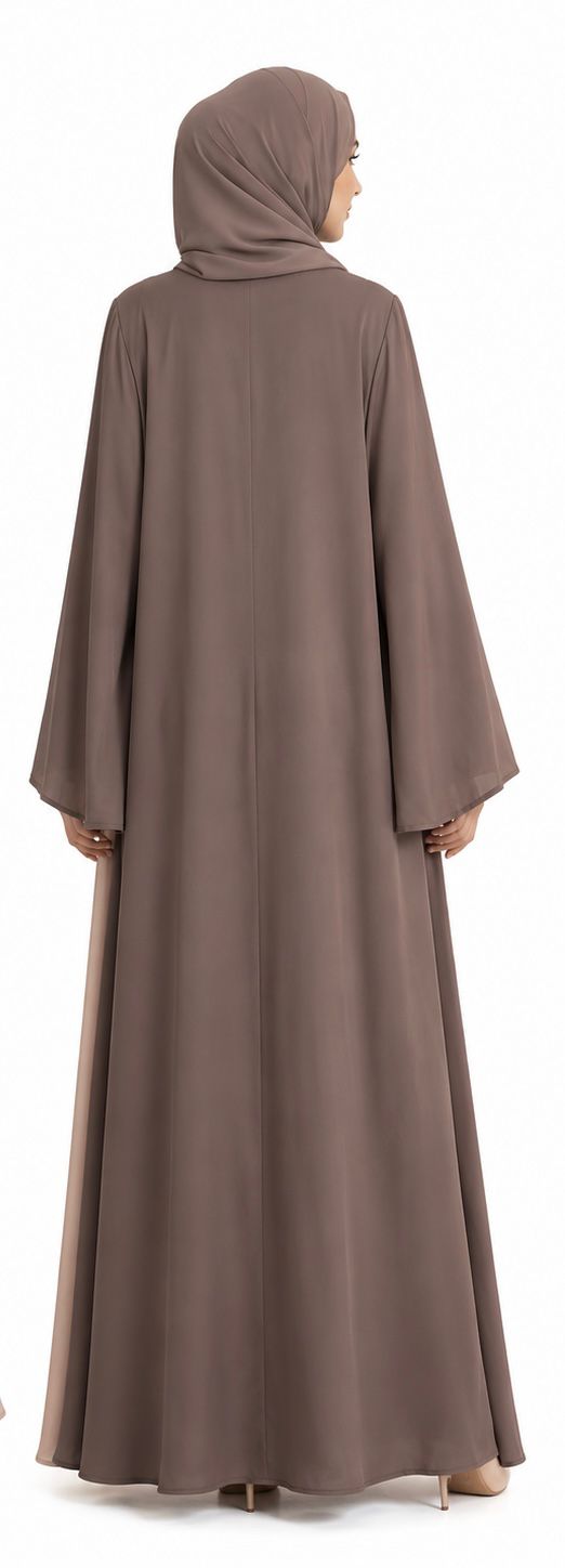 Premium Taupe Open Front Abaya with Floral Brooch – Elegant Modest Maxi Dress for Women