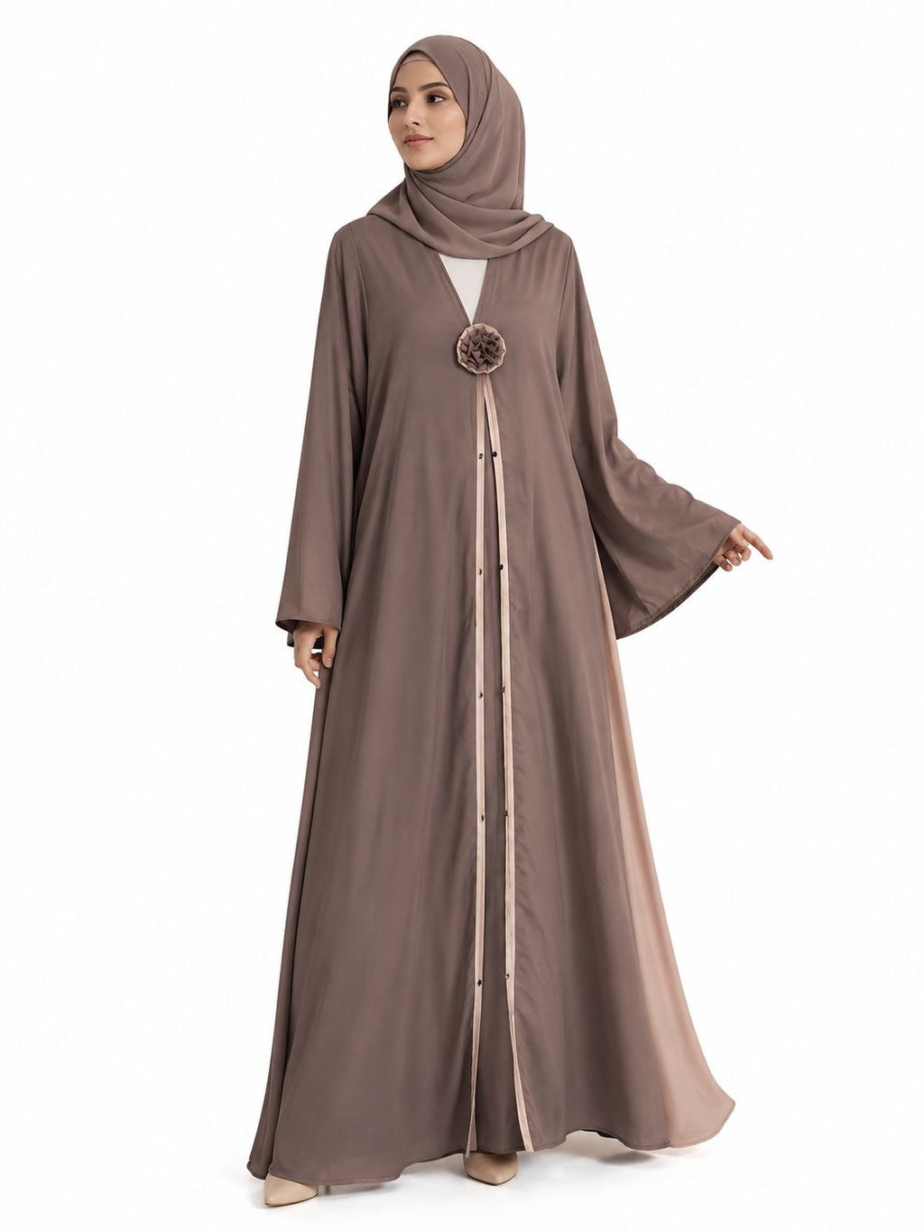 Premium Taupe Open Front Abaya with Floral Brooch – Elegant Modest Maxi Dress for Women
