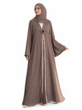 Premium Taupe Open Front Abaya with Floral Brooch – Elegant Modest Maxi Dress for Women