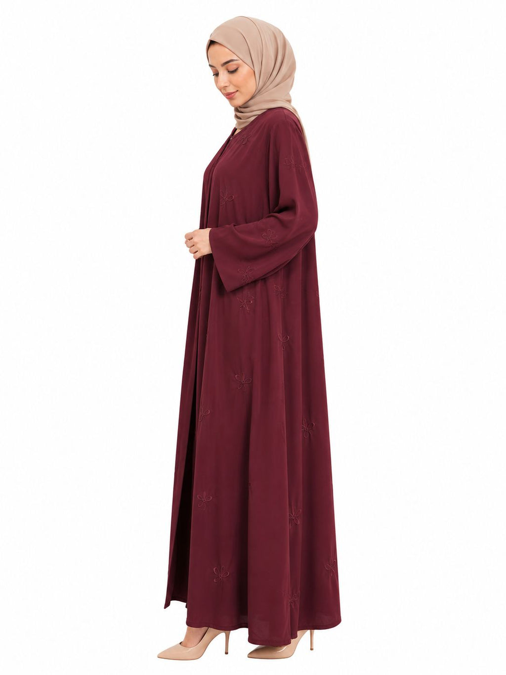 Premium Maroon Embroidered Closed Abaya – Elegant Modest Maxi Dress for Women