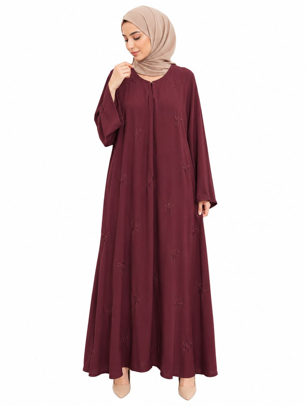 Premium Maroon Embroidered Closed Abaya – Elegant Modest Maxi Dress for Women