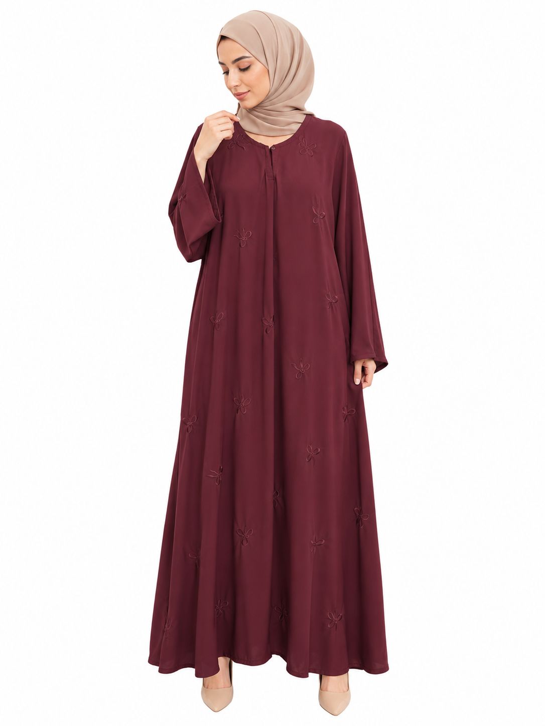 Premium Maroon Embroidered Closed Abaya – Elegant Modest Maxi Dress for Women