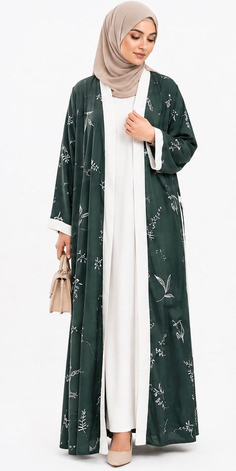Premium Dark Green Printed Open Front Abaya with White Inner Dress & Free Matching Hijab – Elegant 3-Piece Modest Set
