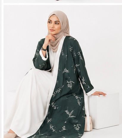 Premium Dark Green Printed Open Front Abaya with White Inner Dress & Free Matching Hijab – Elegant 3-Piece Modest Set