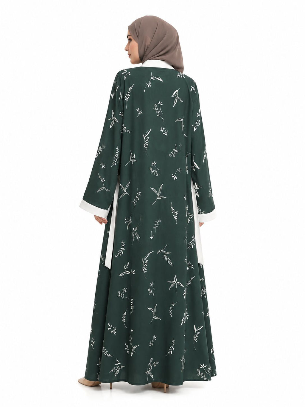 Premium Dark Green Printed Open Front Abaya with White Inner Dress & Free Matching Hijab – Elegant 3-Piece Modest Set
