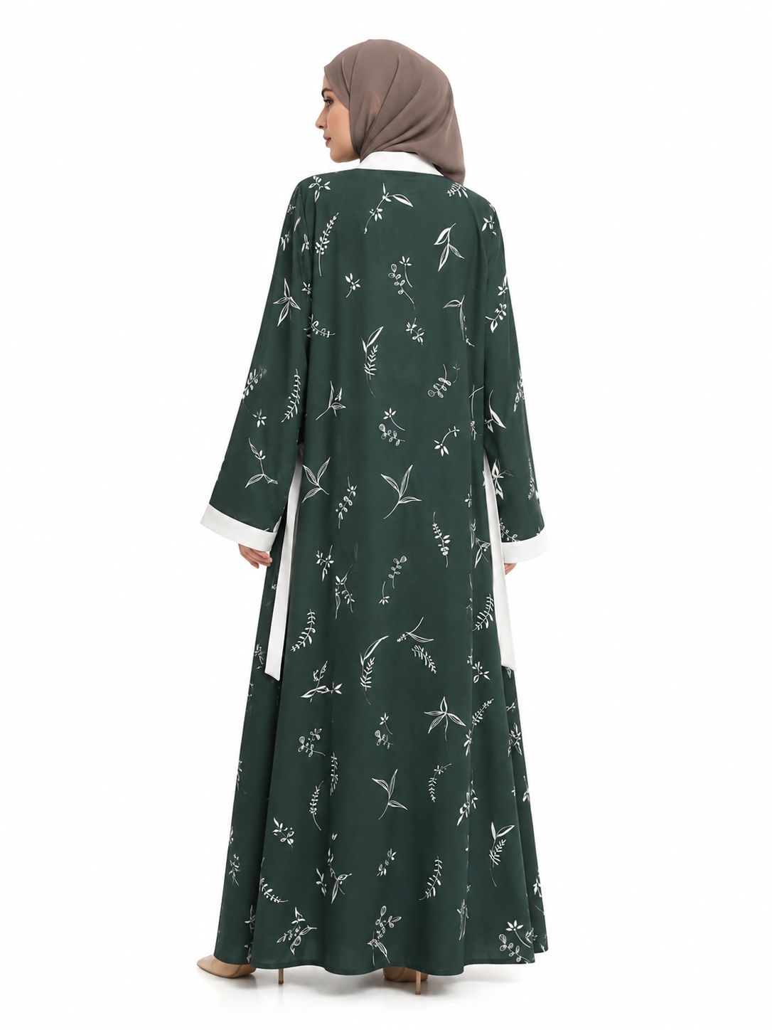 Premium Dark Green Printed Open Front Abaya with White Inner Dress & Free Matching Hijab – Elegant 3-Piece Modest Set