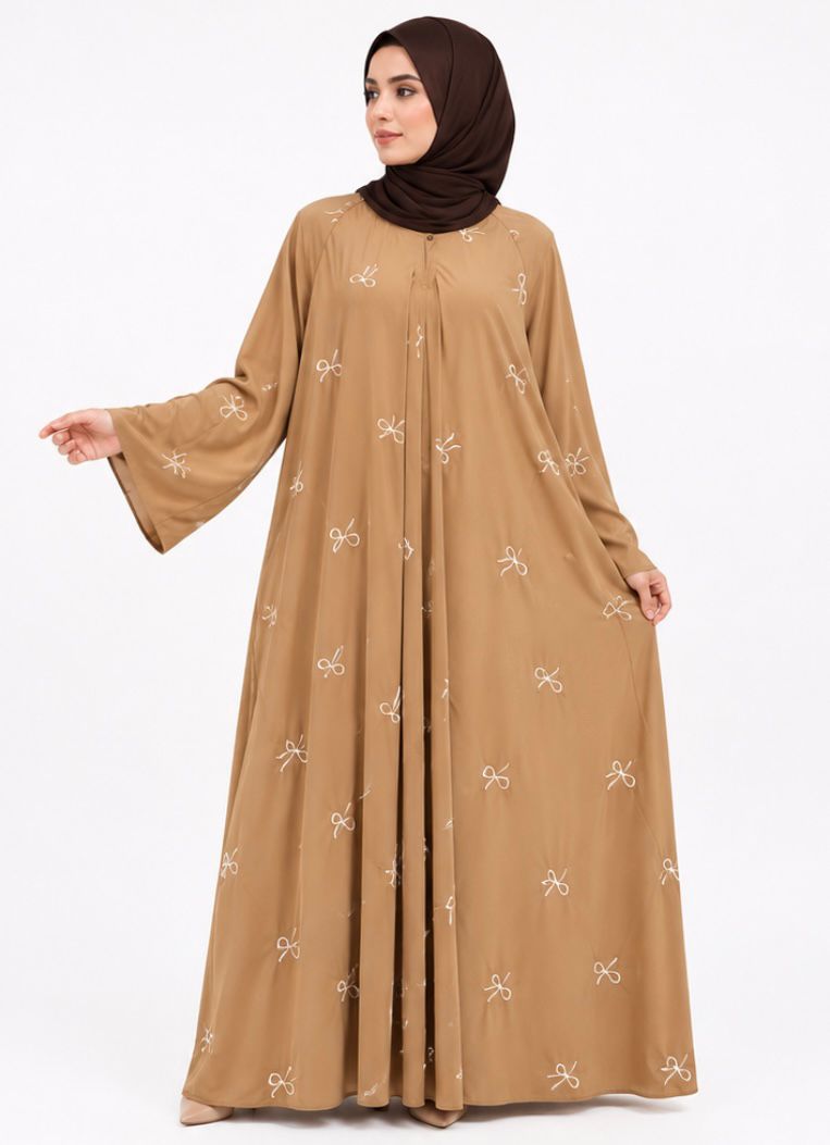 Premium Camel Brown Embroidered Abaya – Elegant Modest Maxi Dress for women