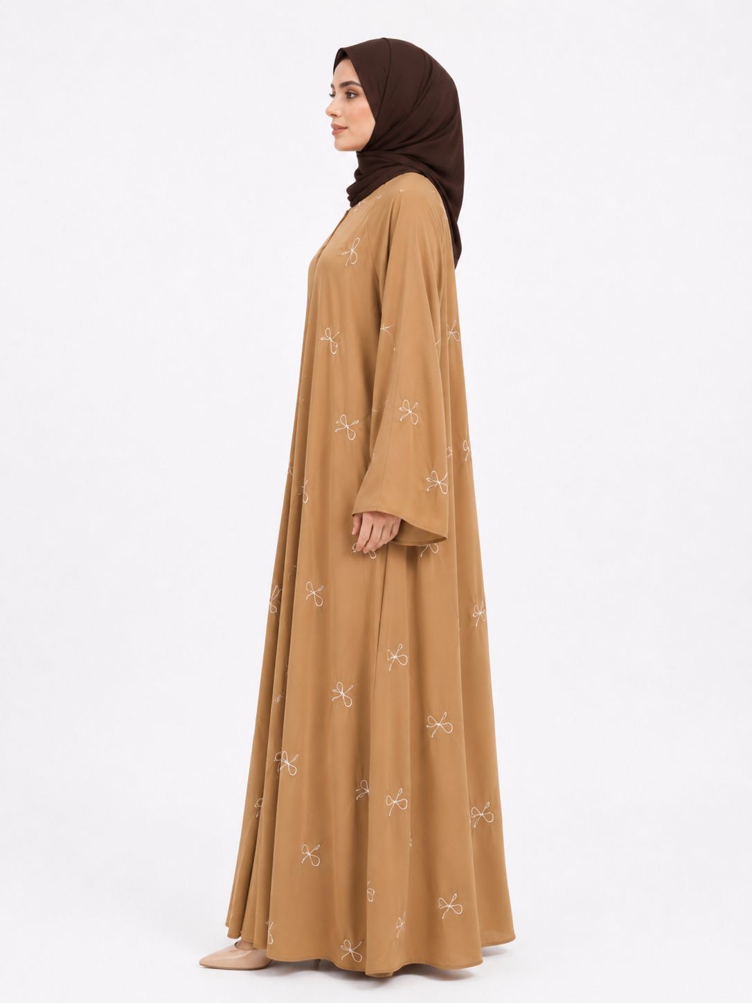 Premium Camel Brown Embroidered Abaya – Elegant Modest Maxi Dress for women