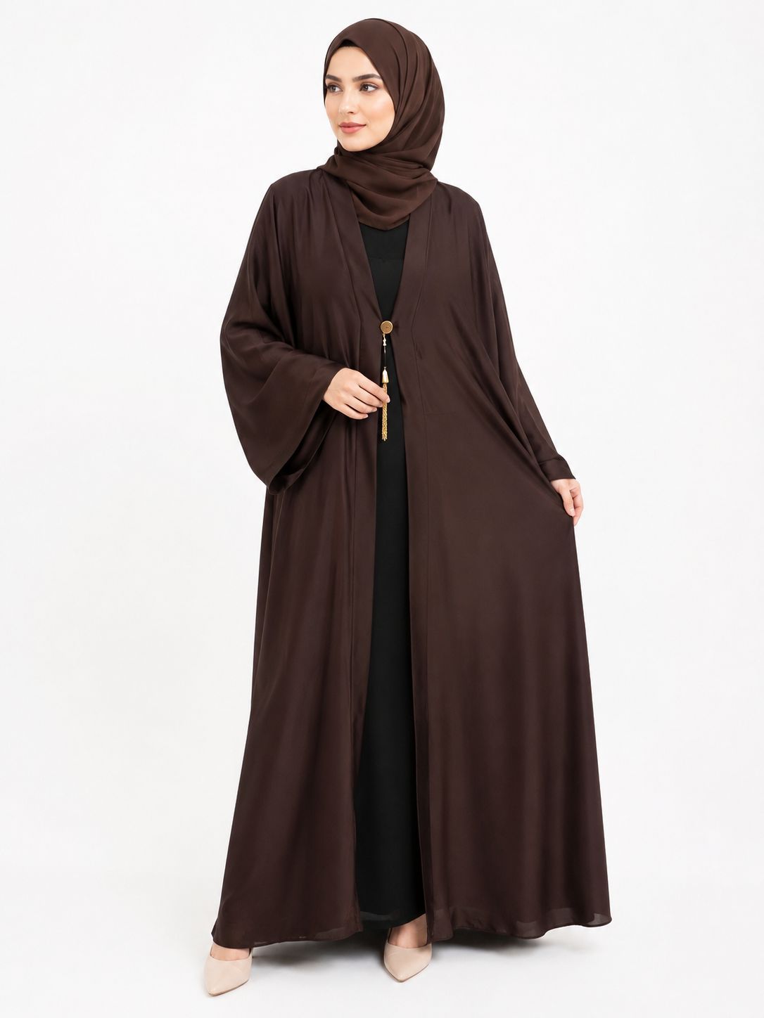 Premium Dark Brown Open Front Abaya – Elegant Modest Maxi Dress for Women