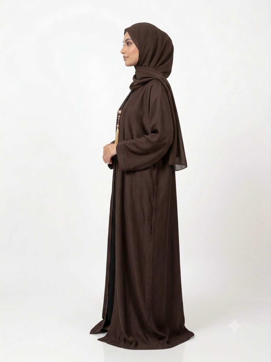 Premium Dark Brown Open Front Abaya – Elegant Modest Maxi Dress for Women
