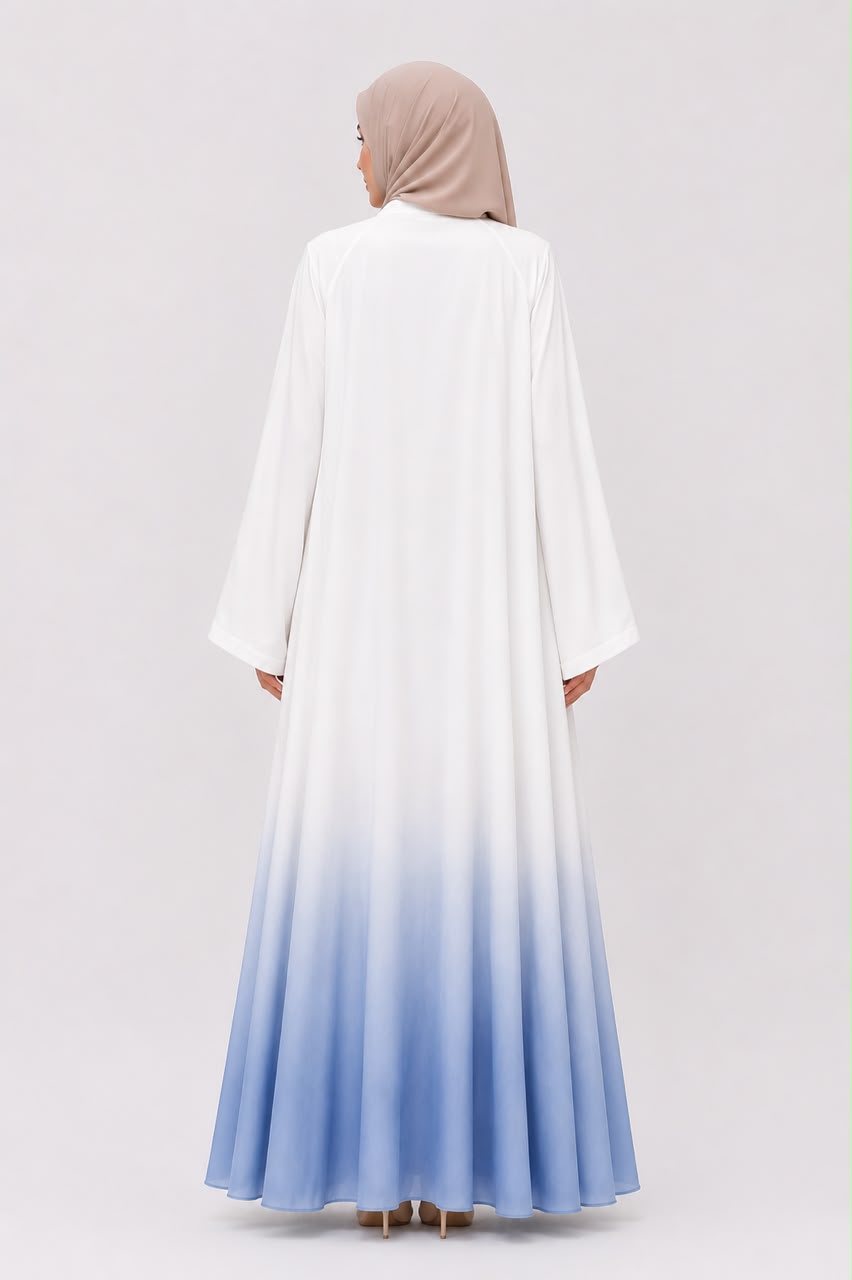 Premium White & Sky Blue Ombre Open Front Abaya with Floral Brooch – Elegant Modest Maxi Dress for Women